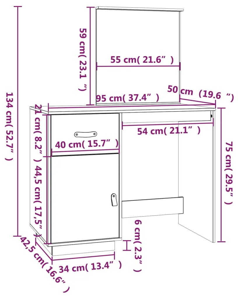 Masuta de toaleta, negru, 95x50x134 cm, lemn masiv de pin Negru