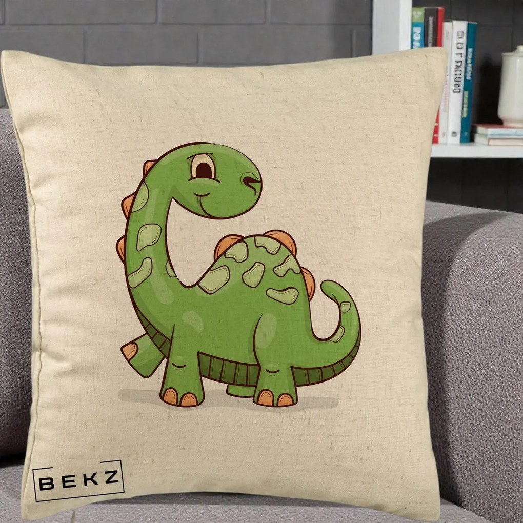 Perna Decorativa Brontosaur Verde Simpatic, 40x40 cm, Bej, Husa Detasabila, Perna Inclusa, BEKZ®