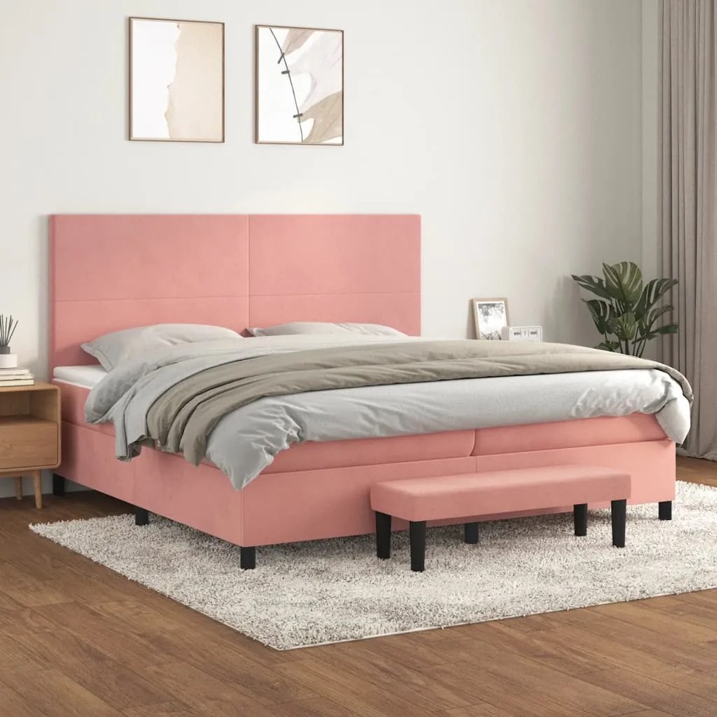 3137748 vidaXL Pat box spring cu saltea, roz, 200x200 cm, catifea