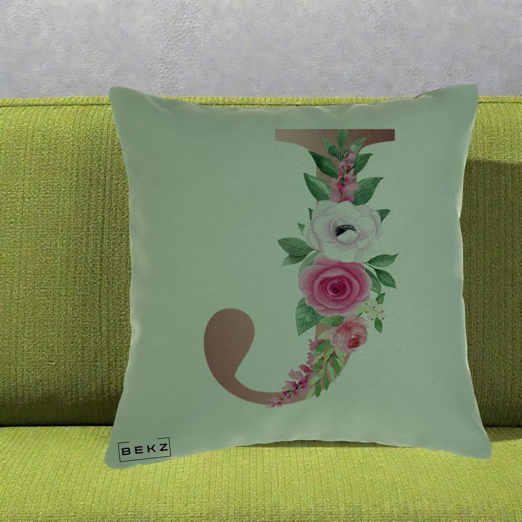 Cadou Personalizat - Perna Personalizata Monograma Rose Gold Litera J, 40x40 cm, Verde, Husa Detasabila, Perna Inclusa, BEKZ®