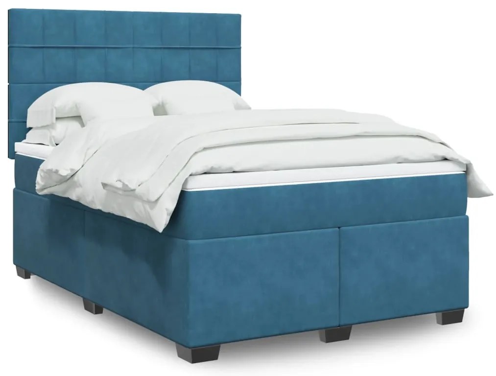 vidaXL Pat box spring cu saltea, albastru, 140x200 cm, catifea