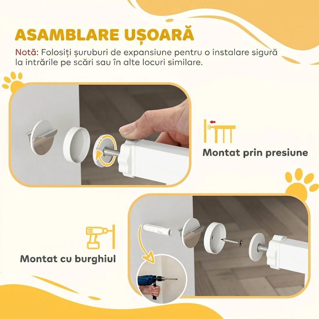 PawHut Poartă de Siguranță Extensibilă pentru Câini 76-104 x 104 cm, Deschidere cu o Singură Mână, Alb | Aosom Romania