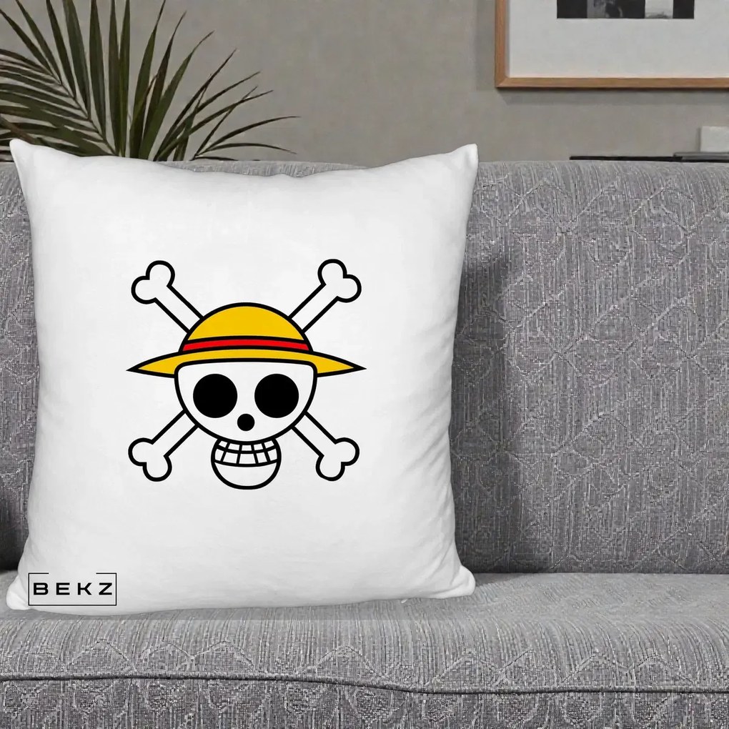 Perna Personalizata One Piece Jolly Roger Straw Hat Pirates, 40x40 cm, Alb Pufos, Husa Detasabila, Perna Inclusa, BEKZ®