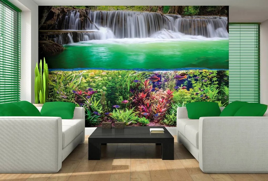 Fototapet - Plante, pești și cascada (254x184 cm)