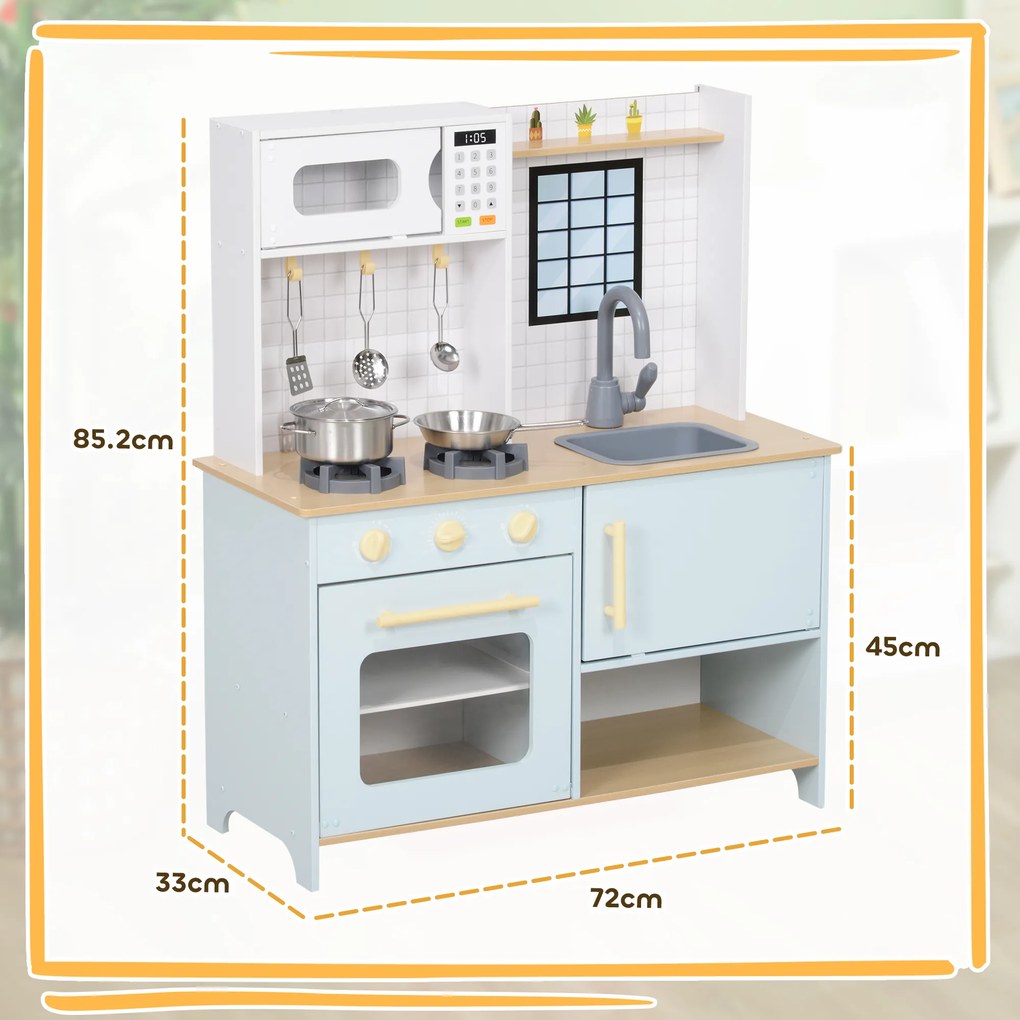 AIYAPLAY Bucătărie pentru Copii 3+ Ani, Bucătărie Jucărie din Oțel Inoxidabil, Lemn și PP, 72x33x85,2 cm, Albastru | Aosom Romania