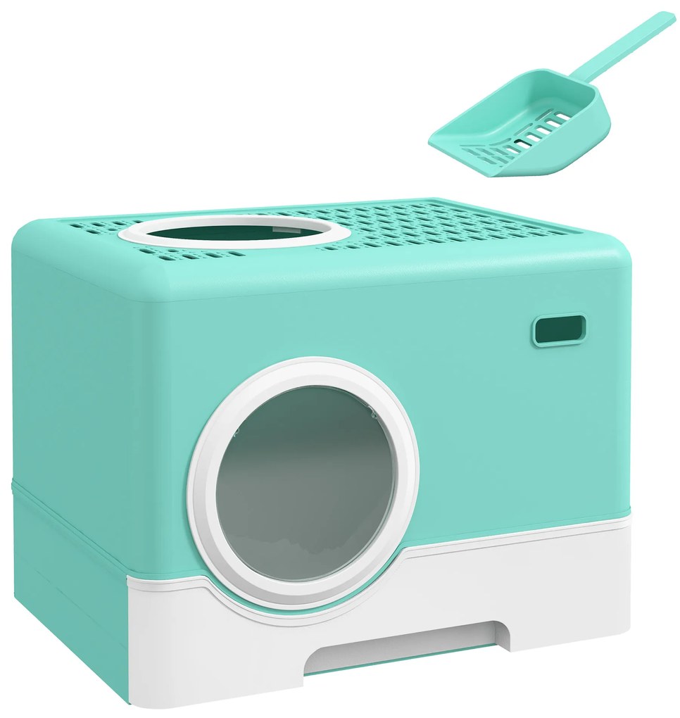 PawHut Litieră pentru Pisici cu Capac și Lopățică, Intrare Dublă și Tavă Detașabilă, 52x41x38.5 cm, Verde | Aosom Romania