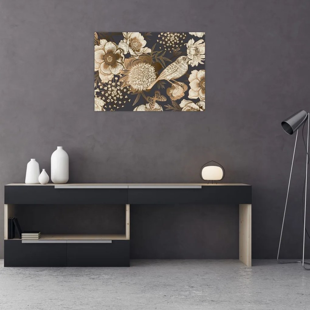 Tablou pe sticlă - Flori aurii pe fundal întunecat (70x50 cm)