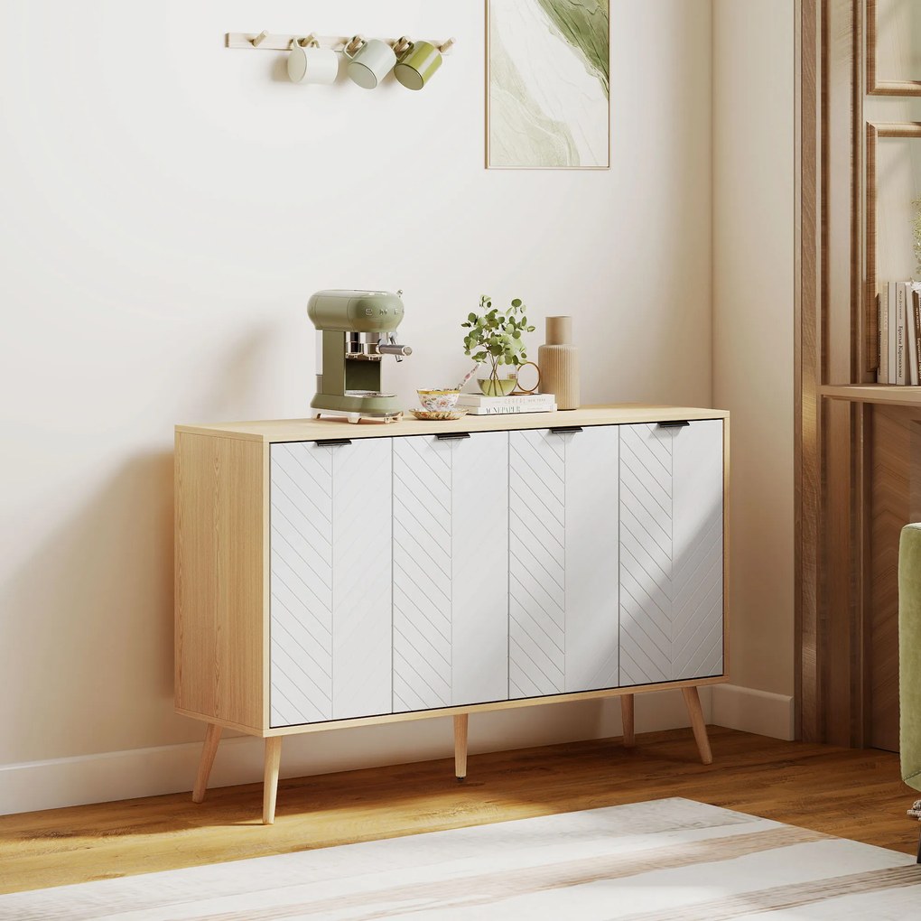 HOMCOM Comodă Bucătărie, Mobilier de Bucătărie cu Rafturi Reglabile și Picioare din Lemn de Pin, Bufet Modern pentru Living, Living, Sala de Mese, 120x35x77,4cm, Natural și Alb | Aosom Romania