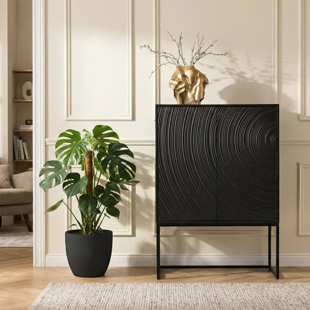 Comoda inalta lemn de mango negru cu fata 3D ORBIT 120cm