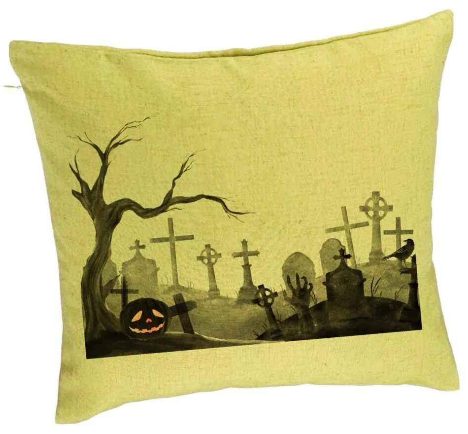 Perna Decorativa cu motiv Cimitir de Halloween, 40x40 cm, Verde, Husa Detasabila, Burduf