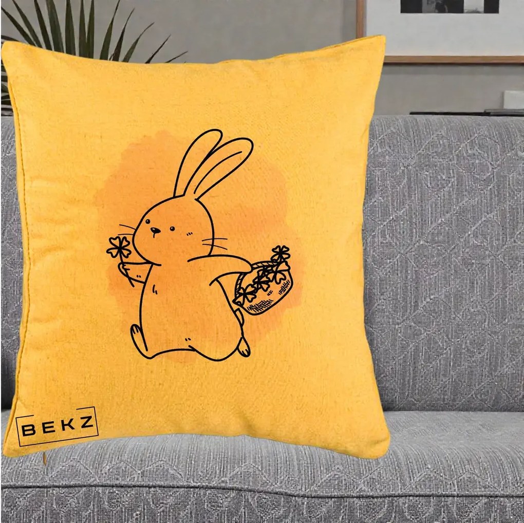 Perna Decorativa Iepuras Kawaii cu Cosulet Floral, 40x40 cm, Galben, Husa Detasabila, Perna Inclusa, BEKZ®