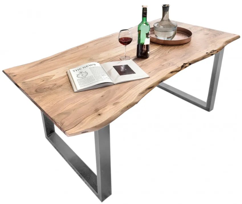 Masa dreptunghiulara cu blat din lemn de salcam Tables &amp; Benches 220 x 100 x 78 cm maro/argintiu