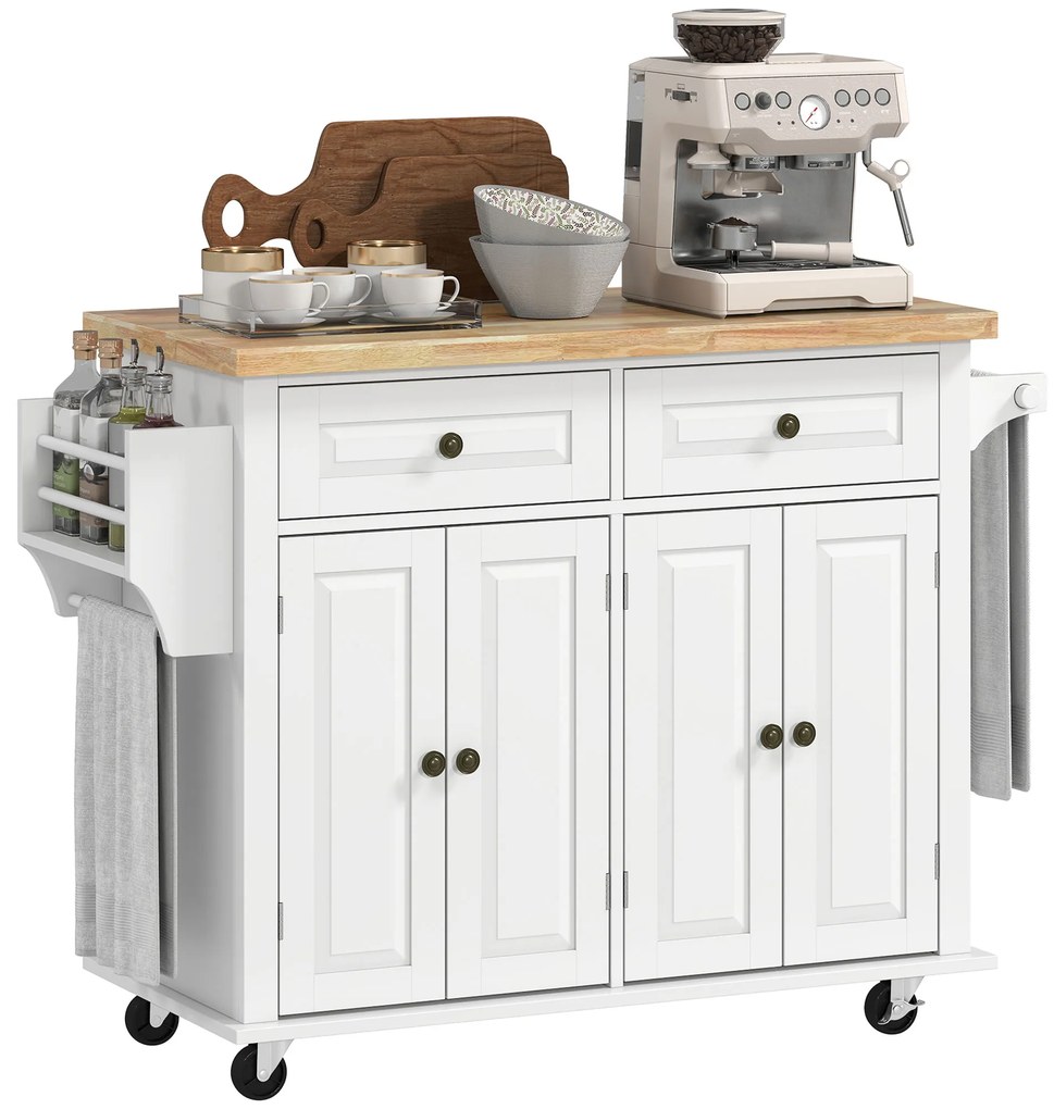 HOMCOM Carucior Bucatarie Sertare Dulapuri 4 Roti Lemn 111x44.5x82.5cm Alb | Aosom Romania