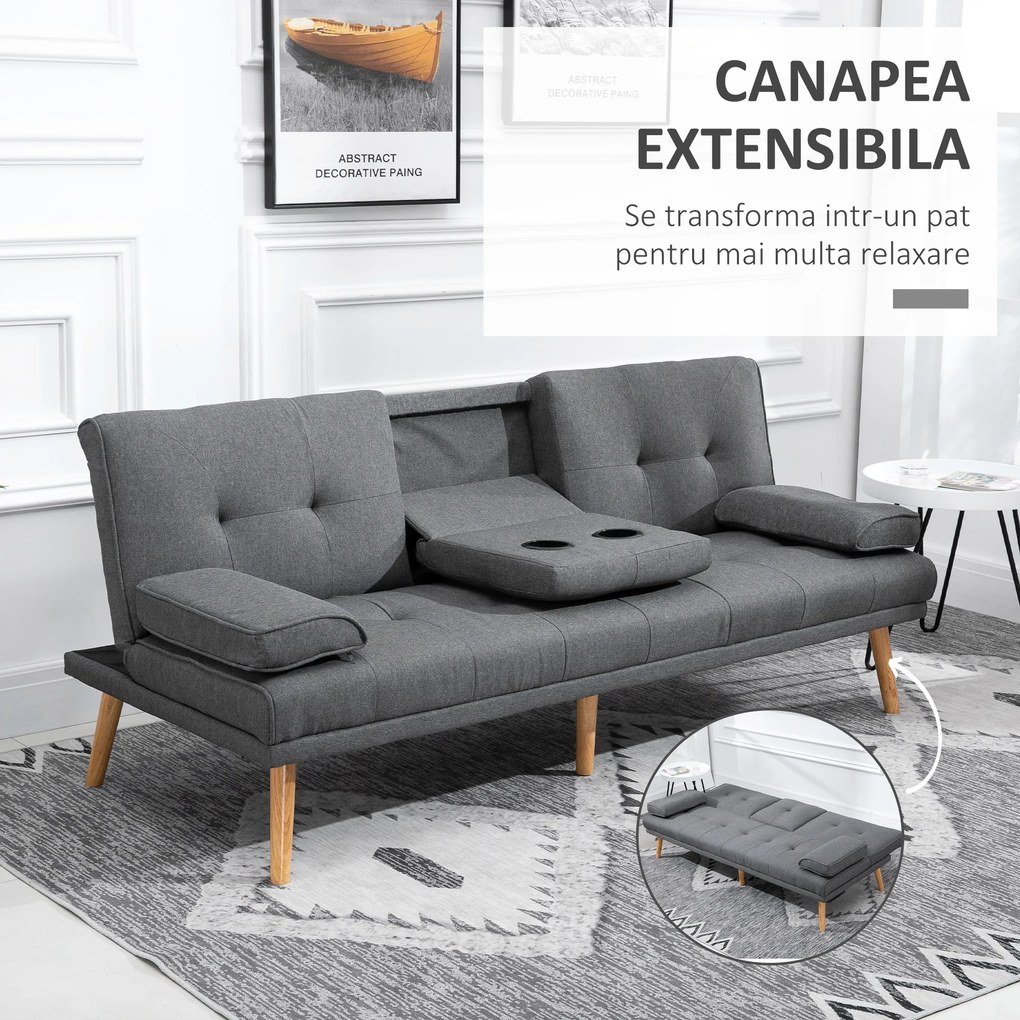 HOMCOM Canapea Extensibilă cu 3 Locuri, 2 Cotiere Detașabile, Covoraș Antiderapant și Imitație In și Lemn, 181x77x72 cm, Gri Închis | Aosom Romania