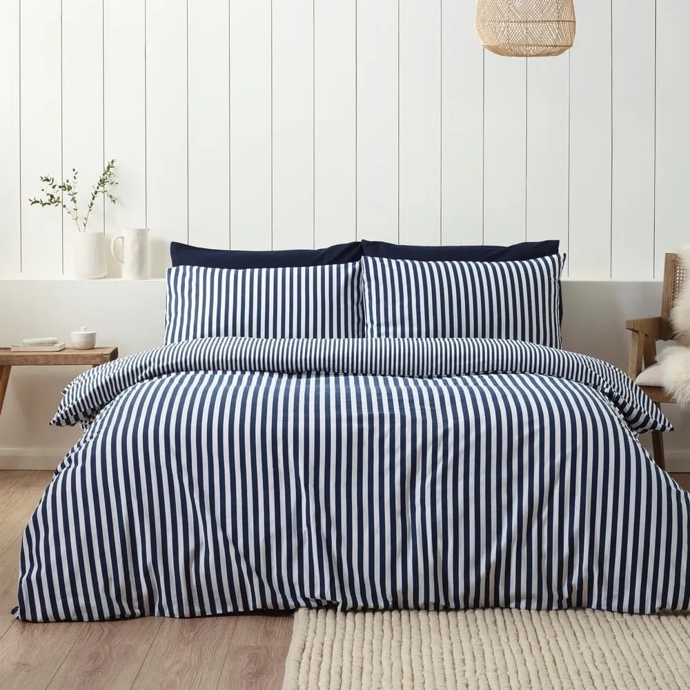 Lenjerie de pat albastru-închis din flanelă pentru pat dublu, extinsă 230x220 cm Stripe – Catherine Lansfield