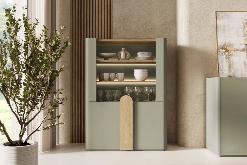 Vitrină cu două uși Amilio 100 cm - eucalipt / stejar baltic dune / mânere stejar natural