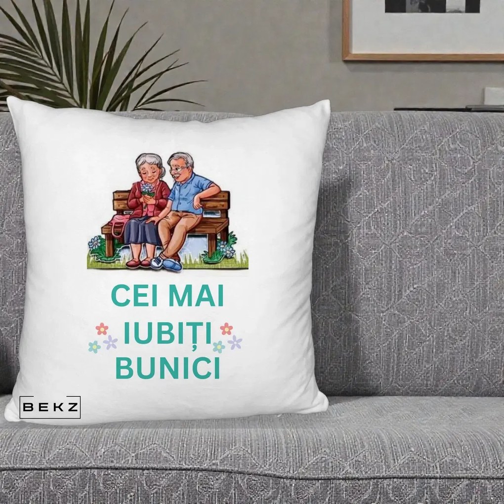 Cadou pentru Bunici - Perna Personalizata Cei Mai Iubiti Bunici Cuplu pe Banca Ilustratie, 40x40 cm, Alb Pufos, Husa Detasabila, Perna Inclusa, BEKZ®
