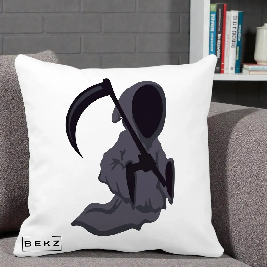 Perna Decorativa Moartea cu Coasa Grim Reaper Halloween, 40x40 cm, Alba Mata, Husa Detasabila, Perna Inclusa, BEKZ®
