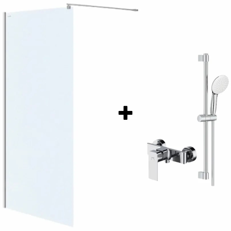 Set paravan dus walk-in 100x200 cm Cersanit Mille, profil crom, cu bara, para dus si furtun, Grohe New Tempesta 110 si baterie dus Cersanit Suaro