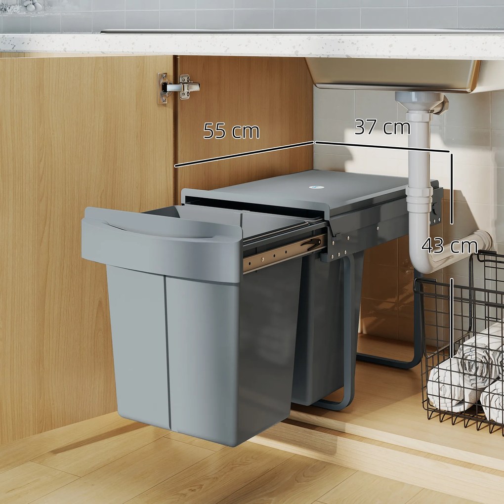 HOMCOM Coș de gunoi retractabil sub chiuvetă, 2 găleți de 20L, Gri | Aosom Romania
