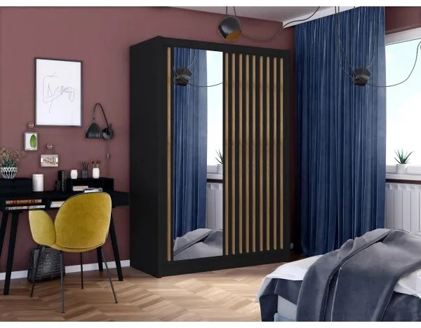 Dulap SANTINO cu oglindă, 150 x 215 cm, negru/stejar craft