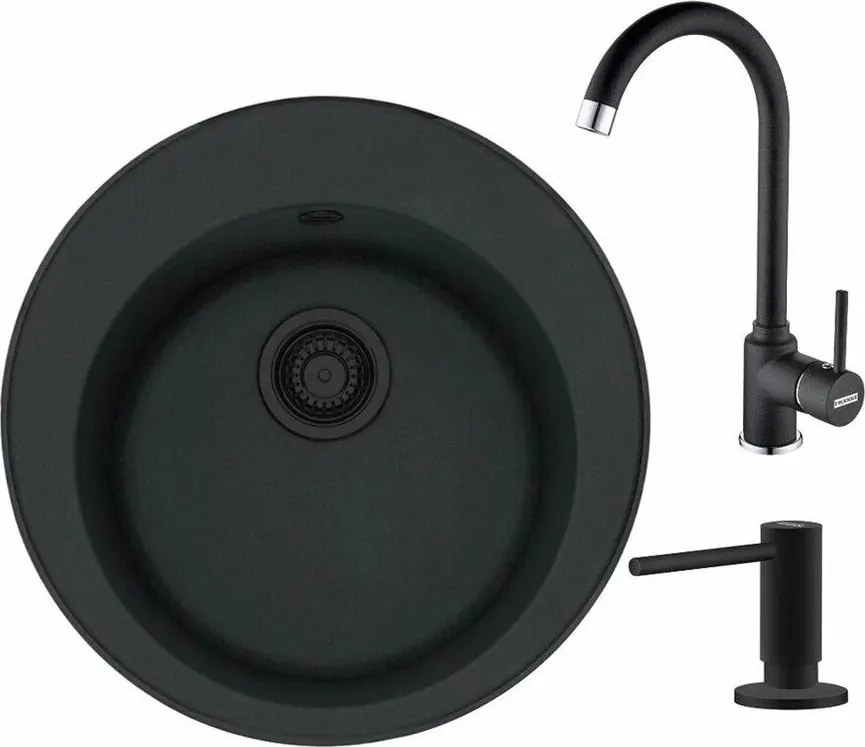 Set chiuveta bucatarie compozit Franke Rotondo VN 51 cm finisaj negru mat cu dozator detergent si baterie Pola