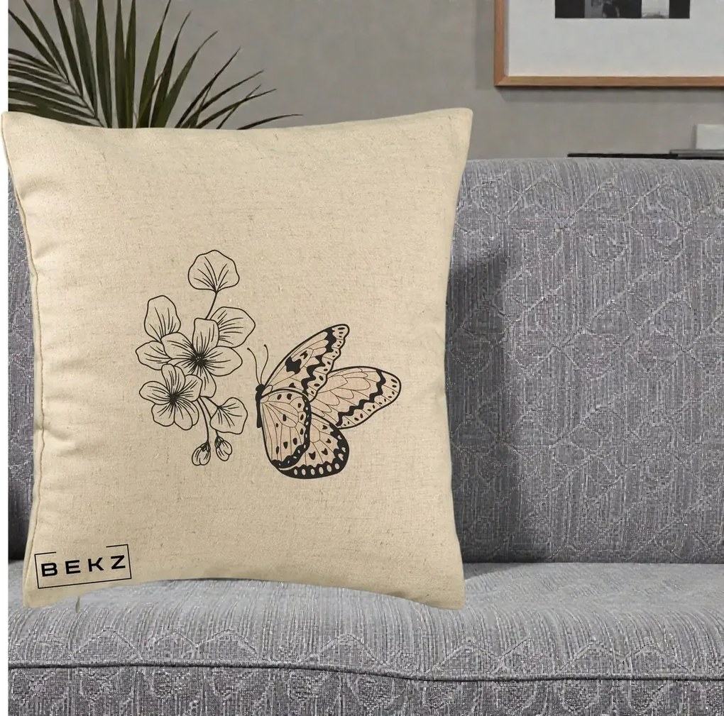 Perna Decorativa Fluture si Flori Linie Monocroma, 40x40 cm, Bej, Husa Detasabila, Perna Inclusa, BEKZ®