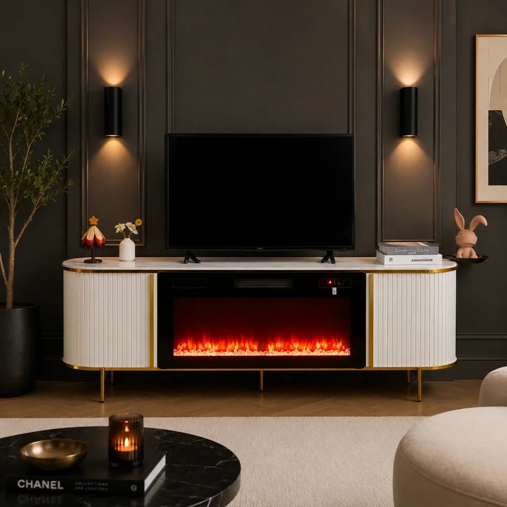 Comodă TV cu șemineu electric cu Încălzire, iluminare LED , 12 culori, Telecomandă, 180 cm, MOB190 Alb