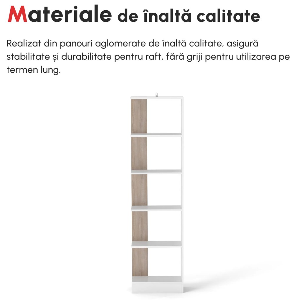 HOMCOM Bibliotecă de Perete cu 5 Rafturi și Dispozitiv Anti-Răsturnare din PAL 45x21x170 cm Alb Stejar | Aosom Romania