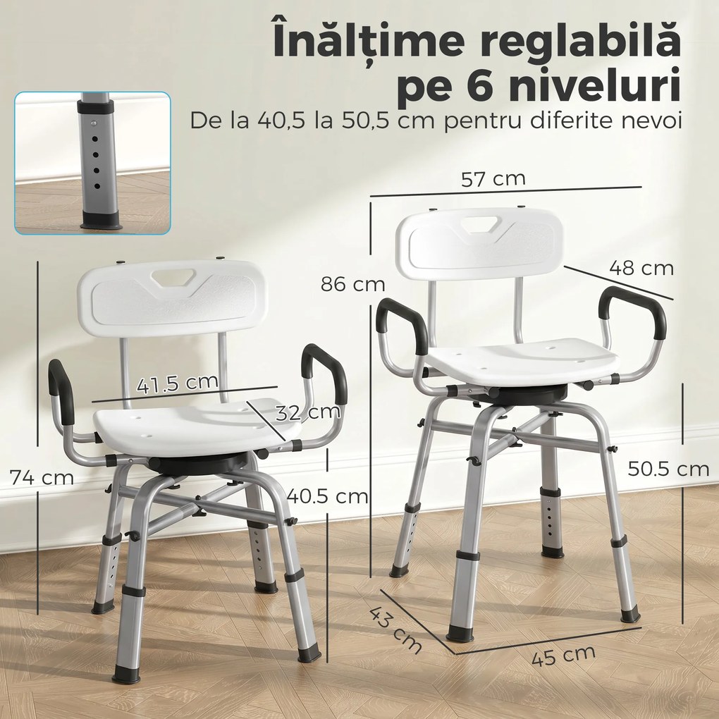 HOMCOM Scaun de Duș Rotativ Reglabil pe Înălțime cu Brațe, Spătar, Capacitate 150 kg, Alb | Aosom Romania