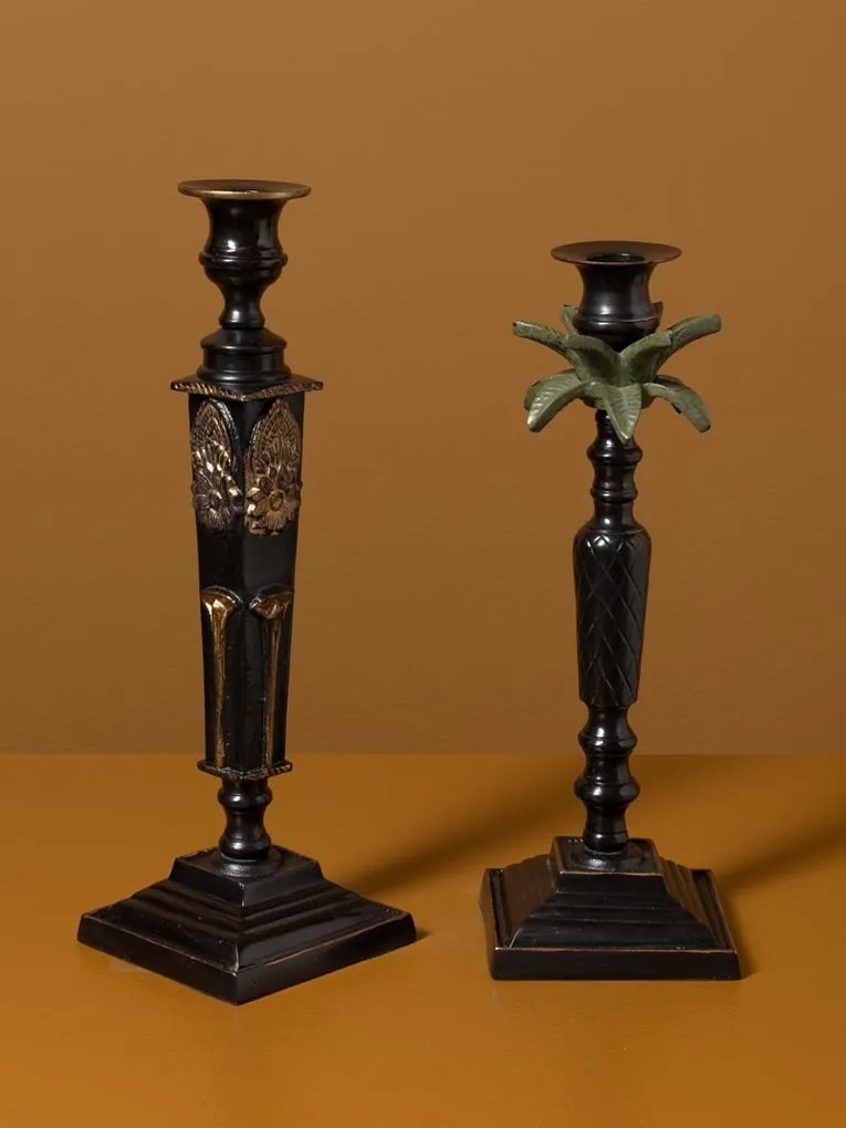 Set 2 sfeșnice din aluminiu și alamă cu motive de palmier și flori sculptate, negru-auriu-verde, finisaj patinat, 30×10 cm, „Empire"