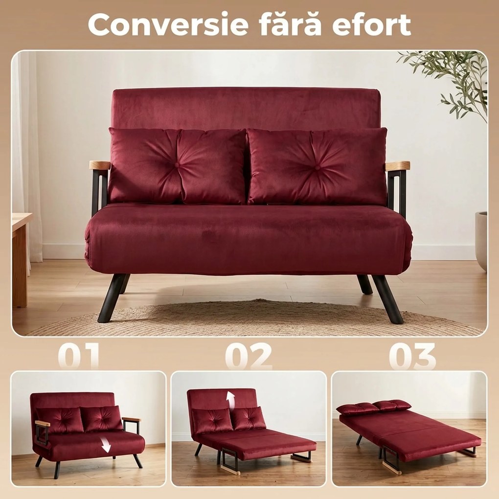 HOMCOM Canapea extensibilă 3 în 1, efect catifea, cu spătar reglabil și 2 perne, 102 x 73 x 81 cm, roșu vișiniu | Aosom Romania