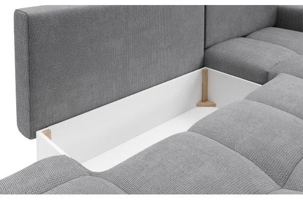 Colțar extensibil tapițat ALMADA, cu spațiu de depozitare, în formă de L, orientare dreaptă, gri