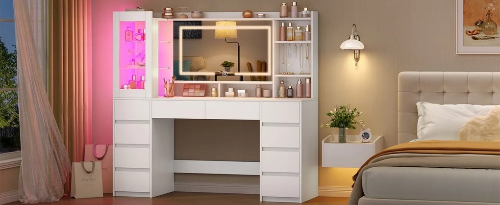 Masuta de machiaj 140 cm, cu Oglinda LED si 10 Sertare pentru Cosmetice, Set Masa toaleta Alba, masuta cosmetica, vanity cu dulapior si rafturi -