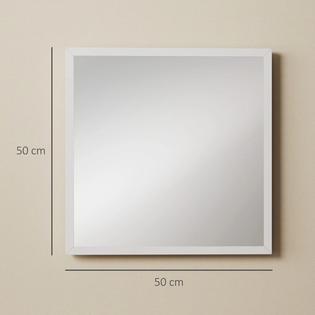 HOMCOM Oglindă de Perete Pătrată cu Cârlige, Oglindă din Sticlă și MDF, 50x50 cm, Albă | Aosom Romania