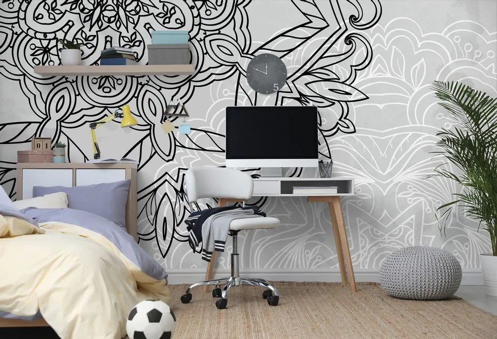 Tapet Mandala în design alb-negru