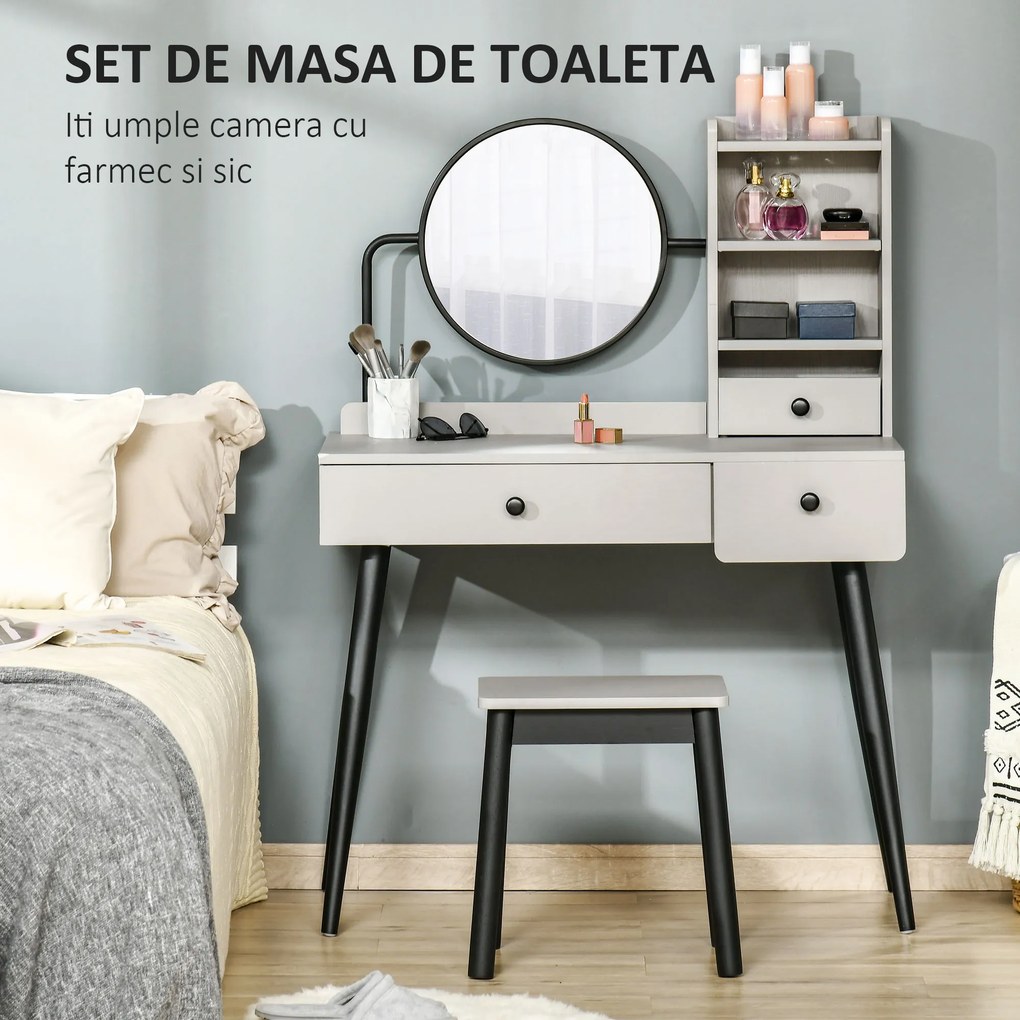 HOMCOM Set Masa de Toaleta Masa de Machiaj, Oglinda si Taburet cu 3 Sertare si Rafturi deschise, Structura din lemn, Gri