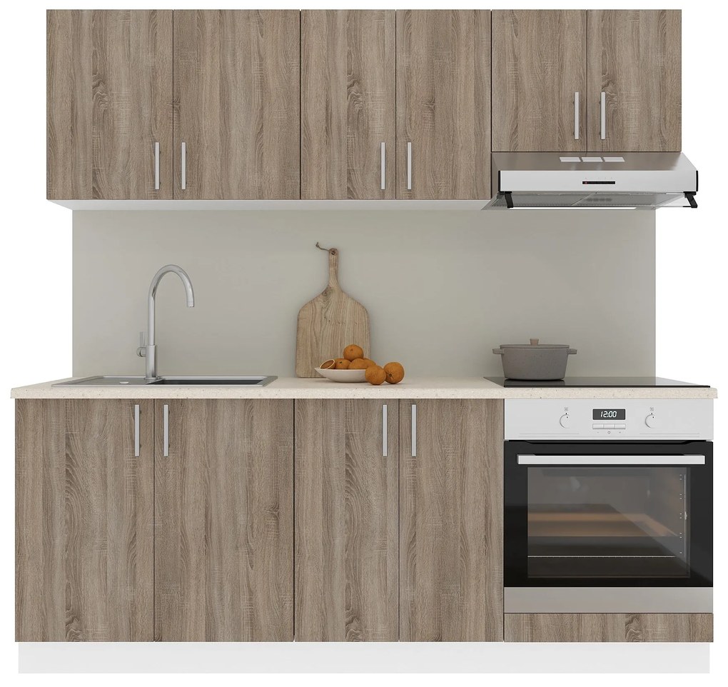 Set Bucatarie Karo V10, Stejar Sonoma Inchis/Alb, Blat Thermo 28 mm, L 200 cm