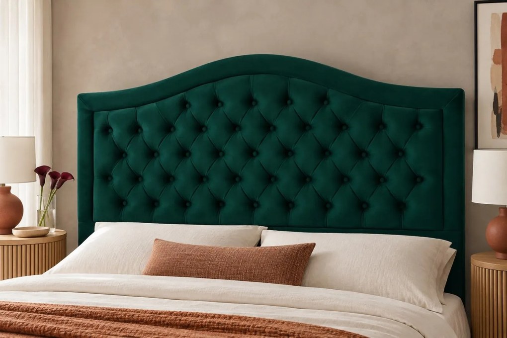 Pat tapițat Chesterfield din catifea Solaria Deluxe 160×200 cm, verde, cu ladă de depozitare