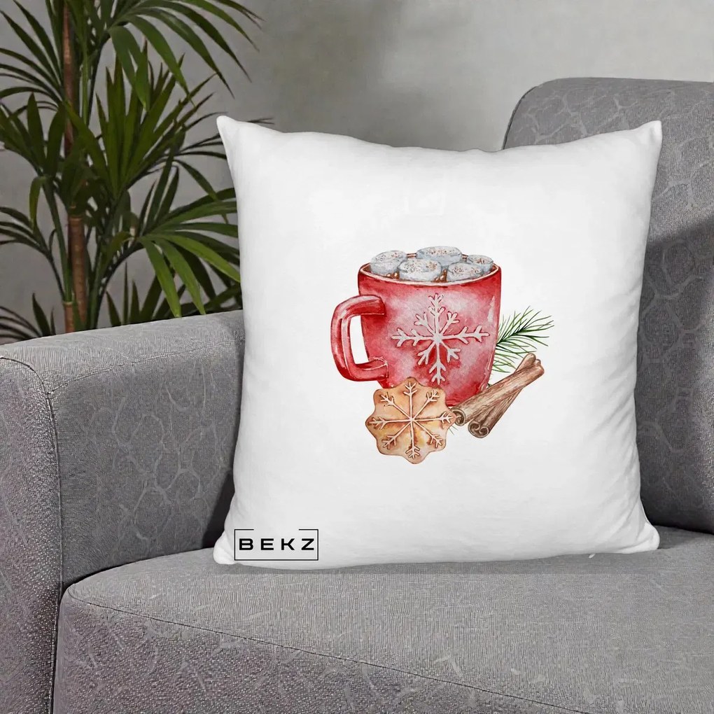 Perna Decorativa Cacao de Iarna cu Biscuit, 40x40 cm, Alb Pufos, Husa Detasabila, Perna Inclusa, BEKZ®