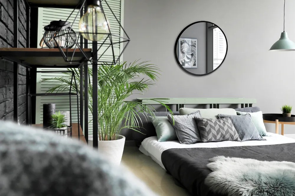 Oglinda rotunda pentru dormitor rama neagra fi 90 cm