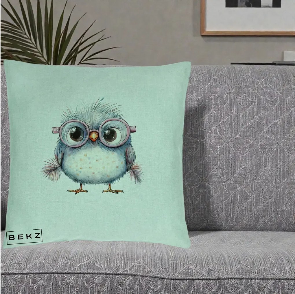 Perna Decorativa Pui Pufos cu Ochelari Roz, 40x40 cm, Verde Menta, Husa Detasabila, Perna Inclusa, BEKZ®