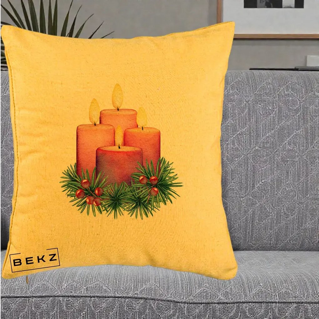 Perna Decorativa Lumanari Advent Roz-Violet, 40x40 cm, Galben, Husa Detasabila, Perna Inclusa, BEKZ®