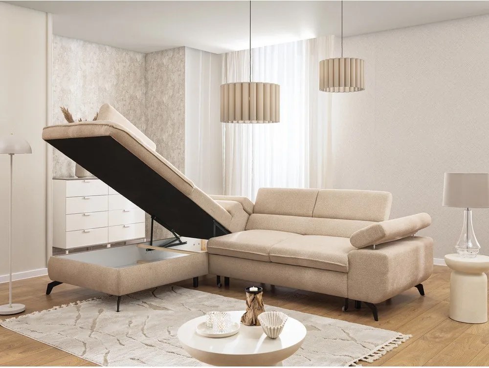 Colțar bej cu tapițerie din chenille (cu colț pe partea stângă/în formă de ”L”) Marbeya – Ropez