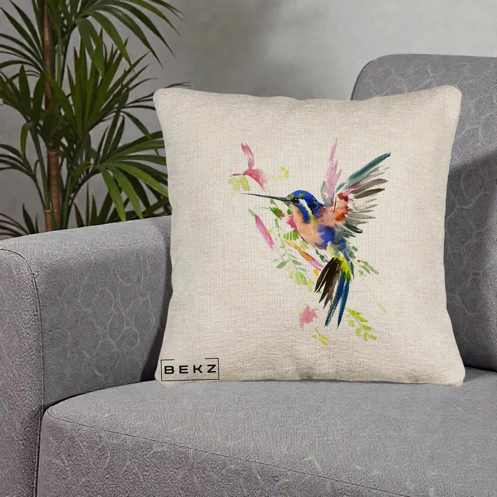 Perna Decorativa Colibri Acuarela, 40x40 cm, Bej Canapea, Husa Detasabila, Perna Inclusa, BEKZ®
