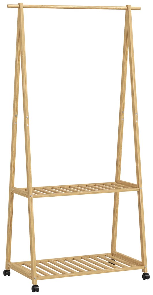 HOMCOM Suport pentru Haine din Bambus cu Roți 2 Rafturi Deschise și 2 Găuri 84,5x43,5x158 cm Natural | Aosom Romania