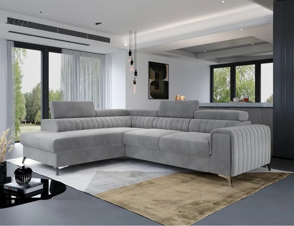 Colțar gri extensibil/cu spațiu de depozitare cu tapițerie din catifea (cu colț pe partea stângă/în formă de ”L”) Laurence – ELTAP