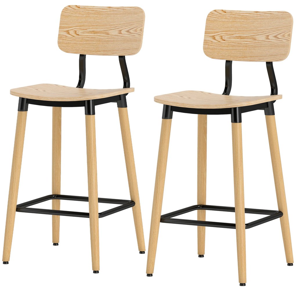 HOMCOM Lot de 2 tabureți de bar cu spatar, înalțime reglabilă și repose-pieds structură din oțel înălțime 94 cm, lemn natural | Aosom Romania