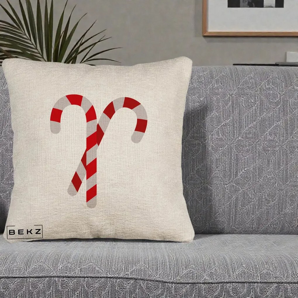 Perna Decorativa Candy Cane de Craciun, 40x40 cm, Bej Canapea, Husa Detasabila, Perna Inclusa, BEKZ®