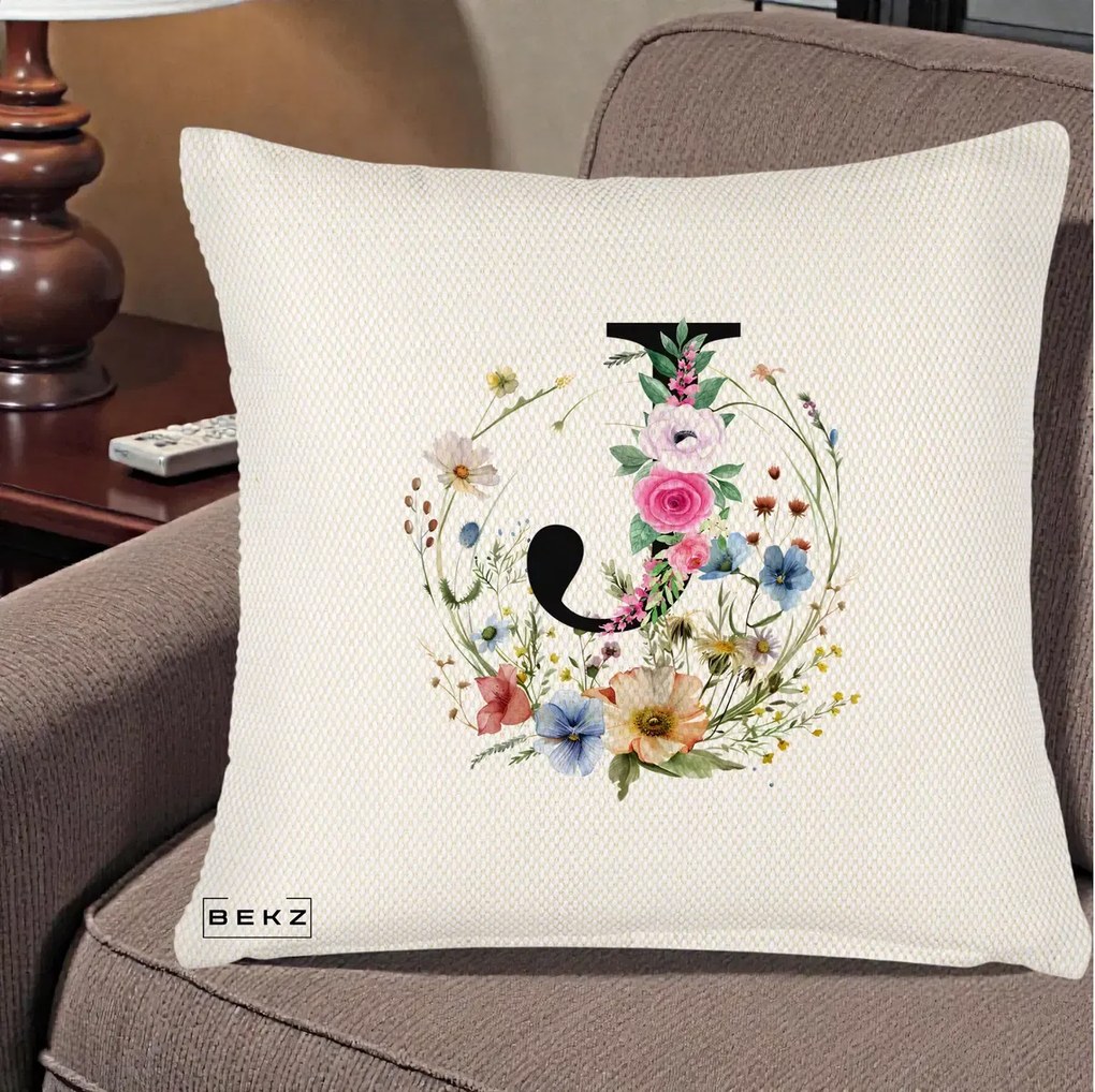 Cadou Personalizat - Perna Personalizata Monogram Litera J cu Flori Acuarela, 40x40 cm, Crem Reliefat, Husa Detasabila, Perna Inclusa, BEKZ®
